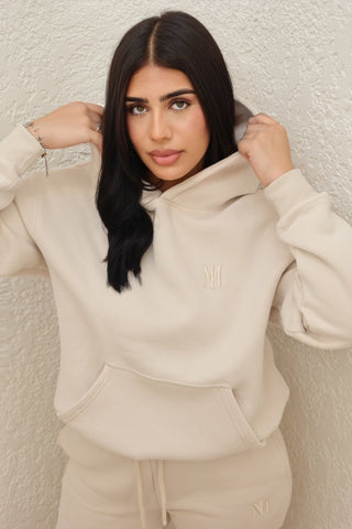 Chai Beige Signature Plush Hoodie with 3D tonal INTIMISSY branding, 100% cotton