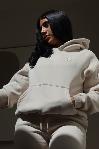 Chai Beige Signature Plush Hoodie with 3D tonal INTIMISSY branding, 100% cotton