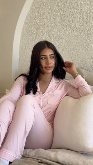 Soft blush pink long sleeve pyjamas set with double-lined mid section, elasticated waistband, drawstrings and 3D logo embroidery - INTIMISSY Luna Lounger