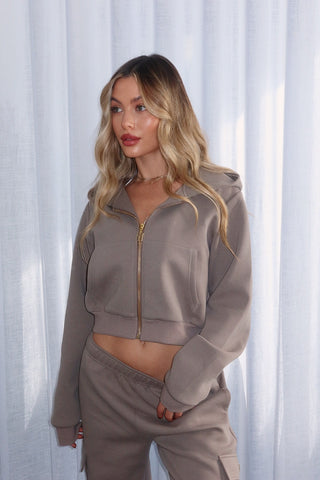 INTIMISSY Studio Plush Crop Jacket in Pistachio – women’s green plush cropped zip jacket with gold hardware, premium streetwear set