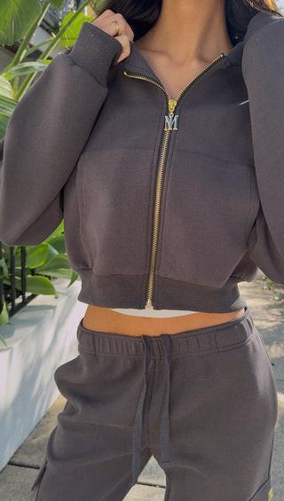 INTIMISSY Studio Plush Crop Jacket in Truffle – women’s dark plush cropped zip jacket with gold hardware, premium loungewear streetwear