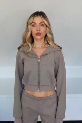 INTIMISSY Studio Plush Crop Jacket in Pistachio – women’s green plush cropped zip jacket with gold hardware, premium streetwear set