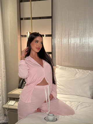 Soft blush pink long sleeve pyjamas set with double-lined mid section, elasticated waistband, drawstrings and 3D logo embroidery - INTIMISSY Luna Lounger