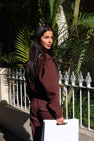 NTIMISSY Studio Plush Crop Jacket in Espresso – women’s chocolate-brown plush zip jacket, premium streetwear loungewear set