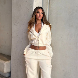 INTIMISSY Studio Plush Crop Jacket in Soufflé – women’s premium cropped zip jacket with gold hardware, soft plush streetwear set